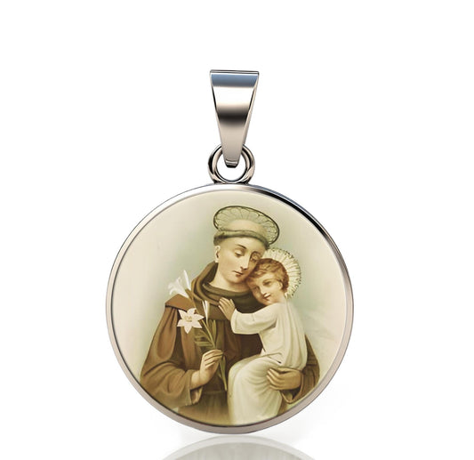 St Anthony with Baby Jesus 925 Sterling Silver Pendant - Holy Card Image Medal for Necklace