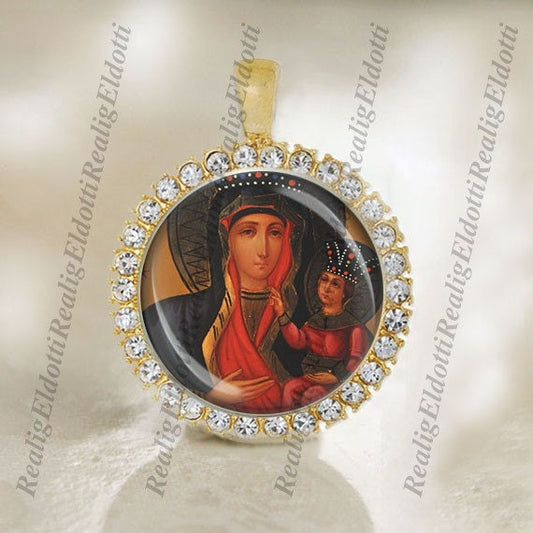 Our Lady of Czestochowa, Black Madonna - Christian Catholic Gold Medal Pendant / Charm with Rhinestones