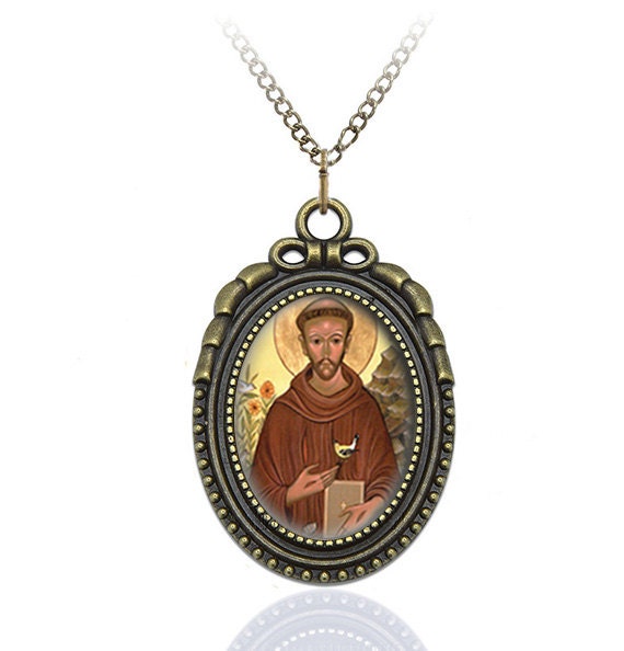 St Francis of Assisi w Bird Necklace Bronze Catholic Medal
