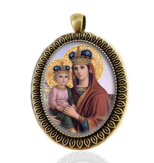 Blessed Virgin Mary and Baby Jesus w Crown - Catholic Medal Religious Jewelry Pendant