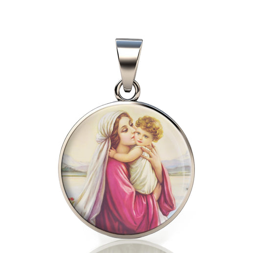 Our Lady Mary 925 Sterling Silver Round Pendant Christian Religious Medal Small 20mm
