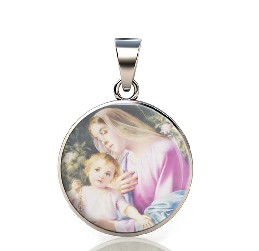 Our Lady Rosary Madonna 925 Sterling Silver Round Pendant Christian Religious Medal Small 20mm