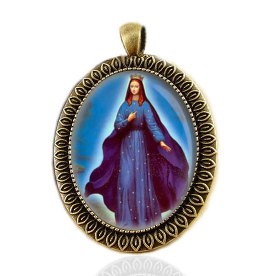 Our Lady of Hope Pontmain Catholic Medal Virgin Mary Dressed in a Blue Robe Pendant