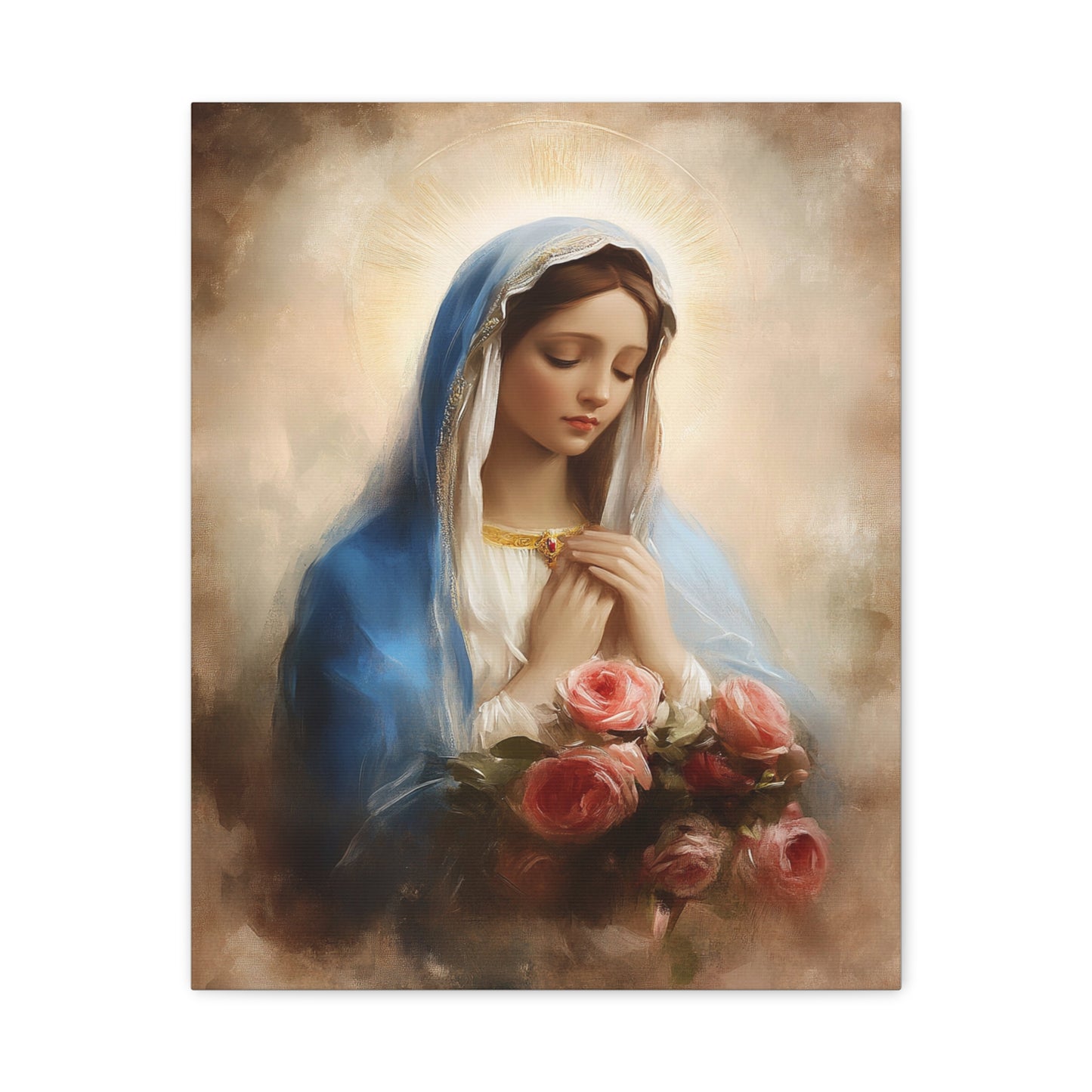 Mother Mary with Roses Catholic Canvas Wall Art, Christian Decor
