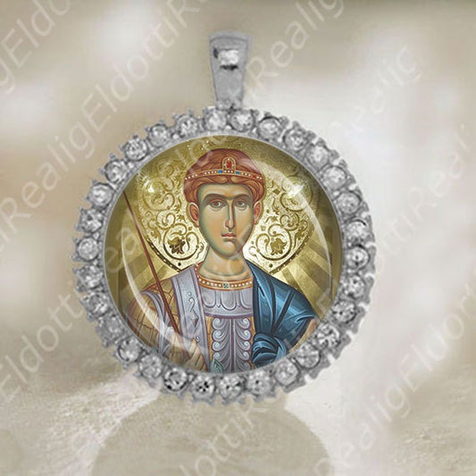 St Demetrios Medal Catholic Patron Christian Silver Tone Jewelry