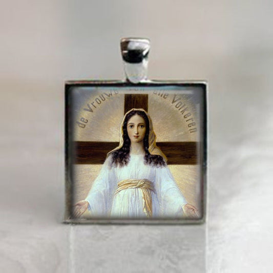 Virgin Mary All Nations Catholic Religious Christian Medal Silvertone Square Pendant 1 inch