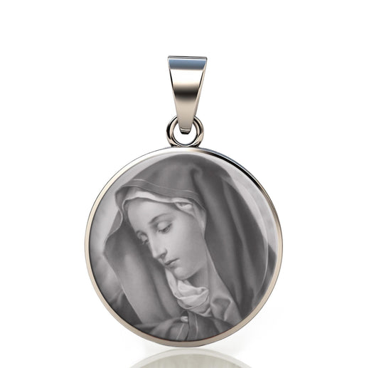 Our Lady Sorrows Black Mother Mary 925 Sterling Silver Round Pendant Christian Religious Medal Small 20mm