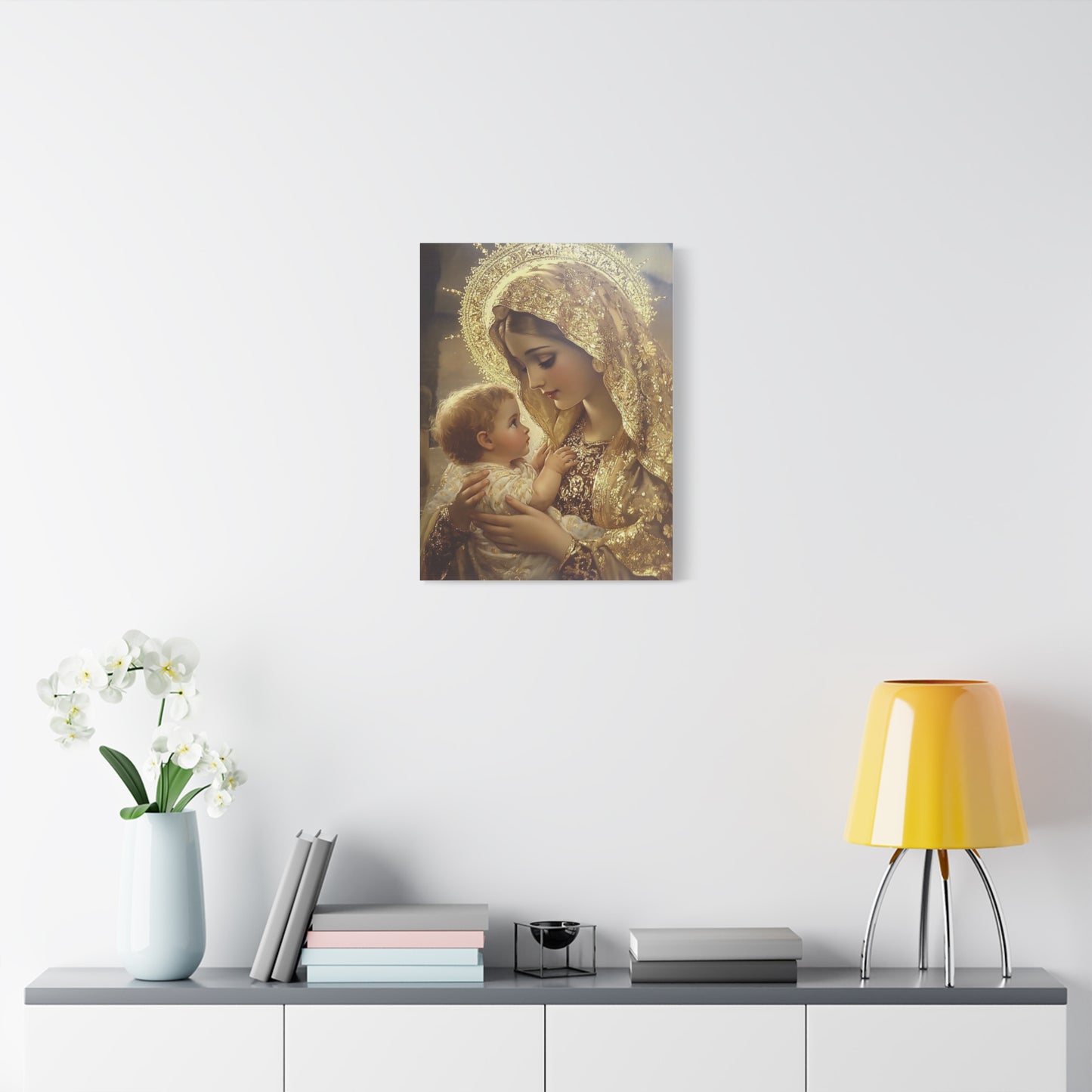 Mary and Baby in Gold Catholic Canvas Wall Art, Christian Decor