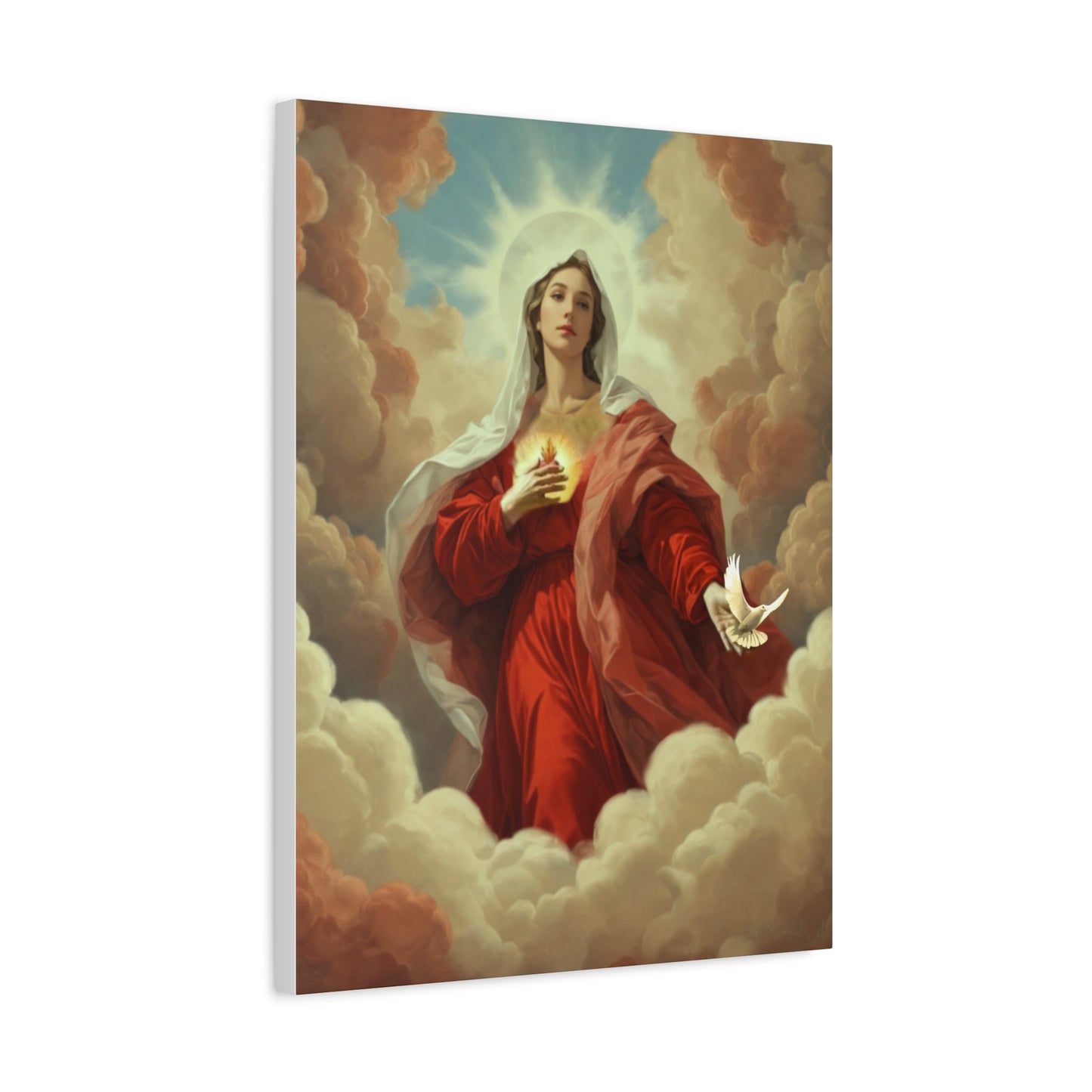 Mother Mary with Dove Heaven Catholic Canvas Wall Art, Christian Decor