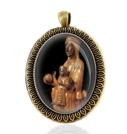 Our Lady of Montserrat Catholic Medal. The Virgin of Montserrat Bronze Tone Oval Pendant Large.
