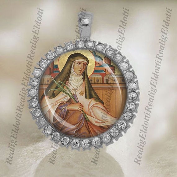 St Edith Stein Christian Patron Catholic Silver Tone Medal Cabochon Pendant