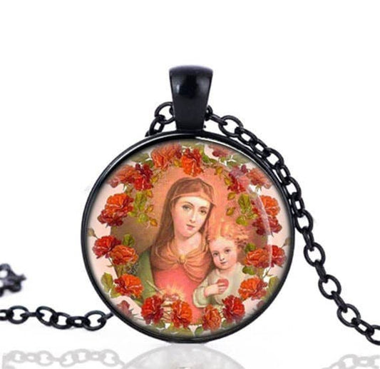 Our Lady Mother Mary and Child Jesus w Heart and Roses Black Necklace Catholic Medal Religious Pendant w Chain