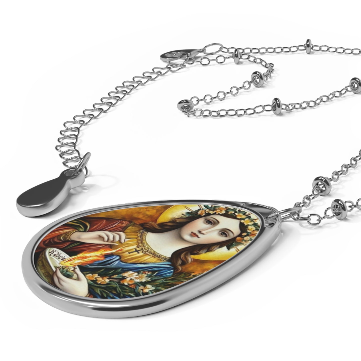 St. Agatha Oval Drop Pendant Necklace - Silver Tone Medal