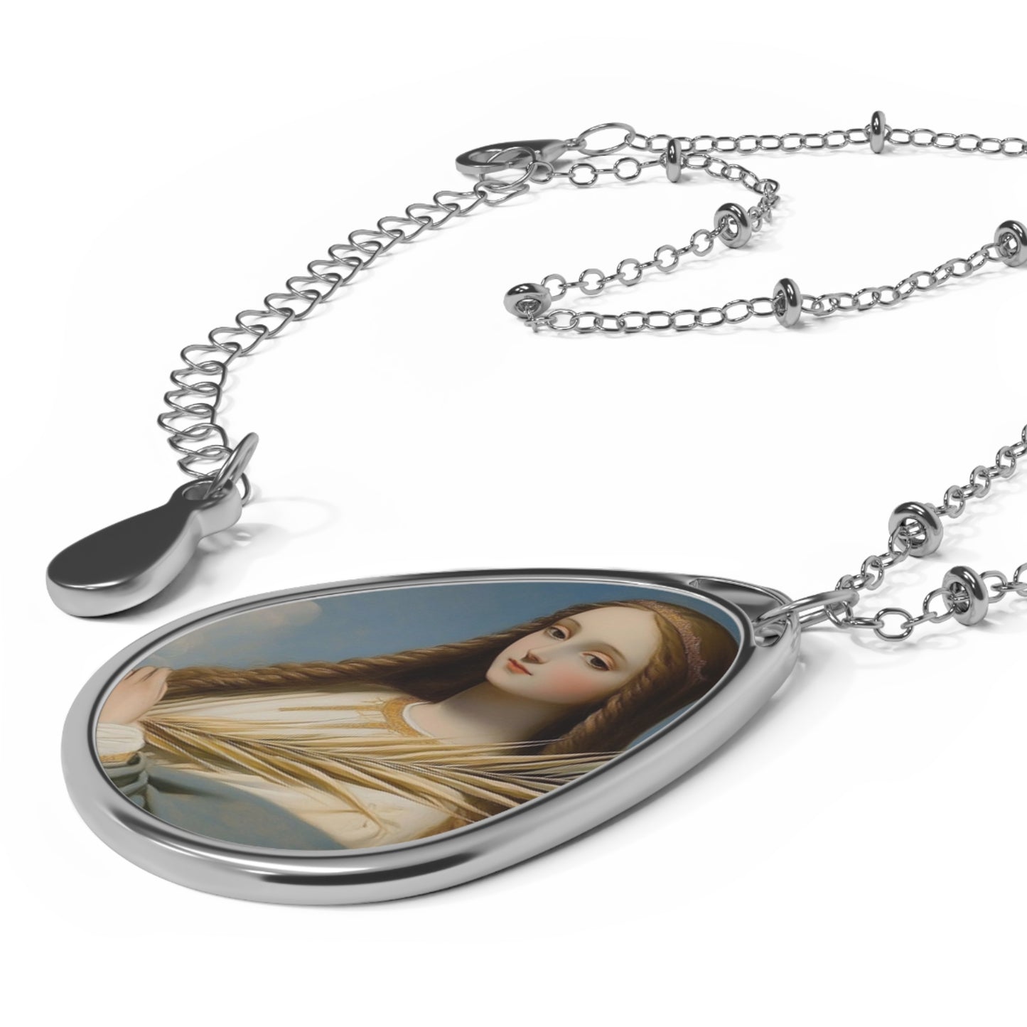 St Agnes Necklace Drop Oval Pendant Silver Tone Medal