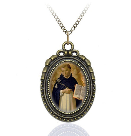 St Dominic de Guzman Religious Pendant Catholic Medal Oval Style Charm Bronze w Chain