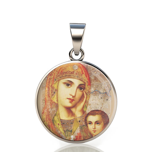 Our Lady Orthodox Icon 925 Sterling Silver Round Pendant Christian Religious Medal Small 20mm