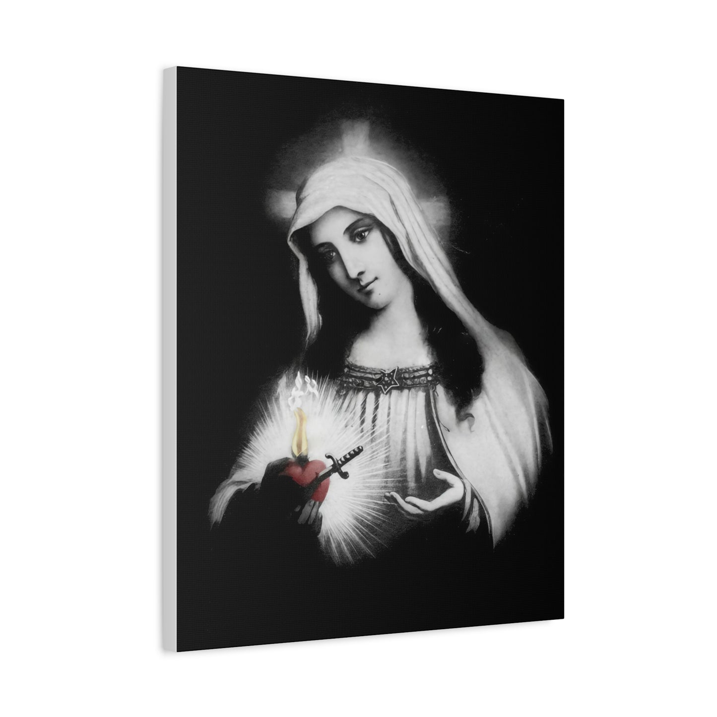 Ready To Hang - Mother Mary Immaculate Heart Catholic Sorrowful Mary Canvas Wall Art, Christian Decor Black and White