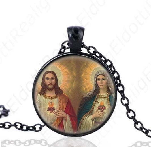 Two Hearts Jesus Sacred Heart Mary Immaculate Black Necklace Catholic Medal Pendant Chain