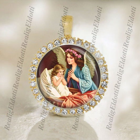 Guardian Angel And Little Child in Prayer - Christian Catholic Gold Medal Pendant / Charm with Rhinestones