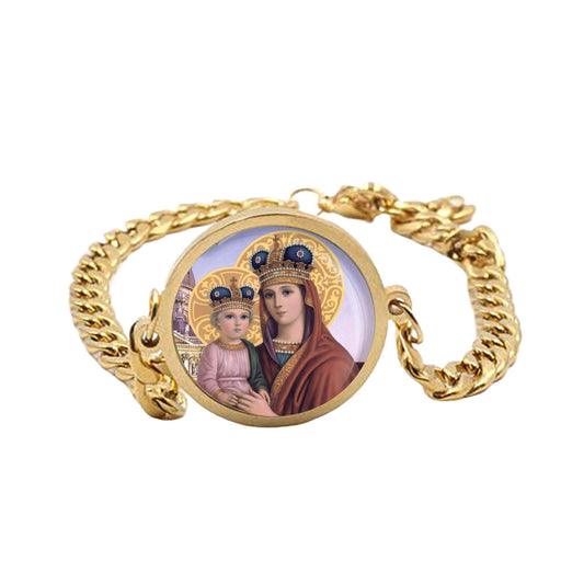Our Lady Queen Mary Curb Bracelet Gold or Silver tone Religious Jewelry Simple Chain