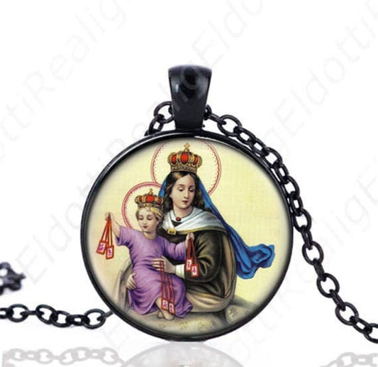 Our Lady of Mount Carmel Black Necklace Catholic Medal Virgin Mary Pendant Chain