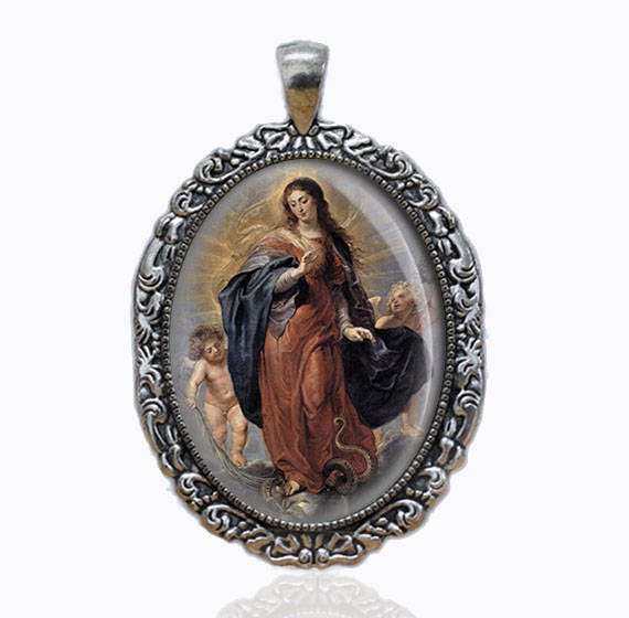 IMMACULATE CONCEPTION Of Mary Pendant. Silver Tone Virgin Mary Catholic Medal. Large Oval Catholic Pendant.