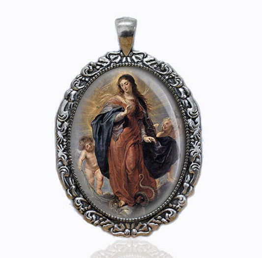 IMMACULATE CONCEPTION Of Mary Pendant. Silver Tone Virgin Mary Catholic Medal. Large Oval Catholic Pendant.