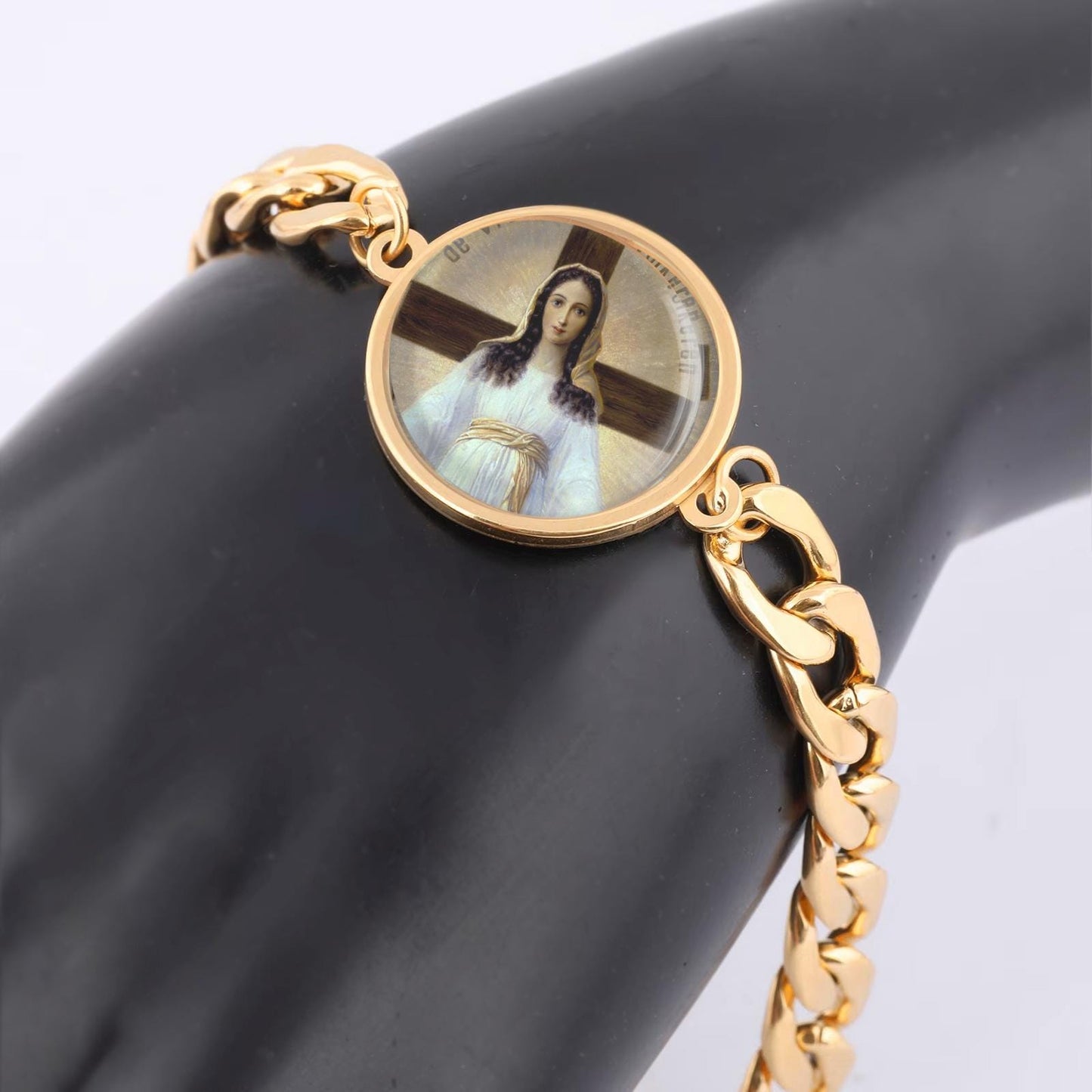 Our Lady All Nation Mary Curb Bracelet Gold or Silver tone Religious Jewelry