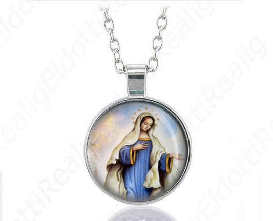 Our Lady of Medjugorje Catholic Necklace Medal Mary Blue Tone Silver Pendant Chain