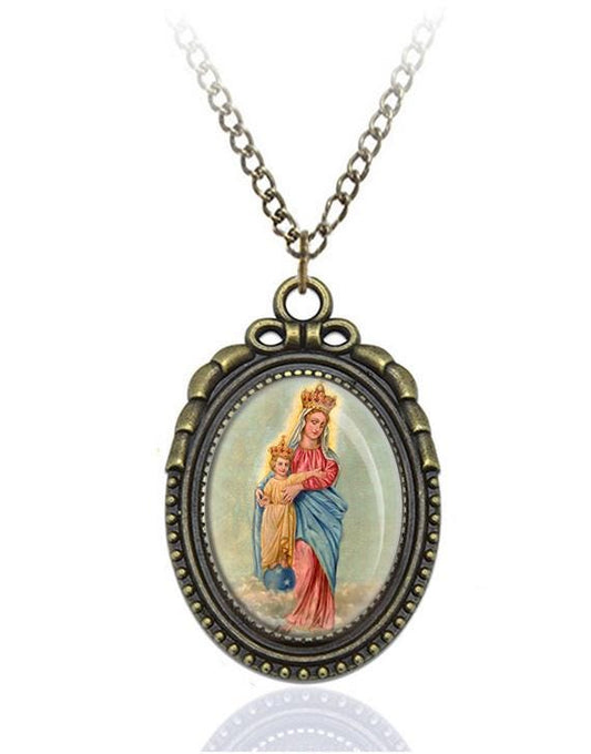 Our Lady of Victory Bronze Necklace Religious Oval Pendant