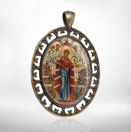 Joy of All Who Sorrow Theotokos Medal Orthodox Bronze Pendant Mary and Jesus Baby Religious  Style Jewelry
