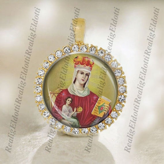 Our Blessed Mother Mary with Child Jesus - Christian Orthodox Icon Gold Medal Pendant / Charm with Rhinestones