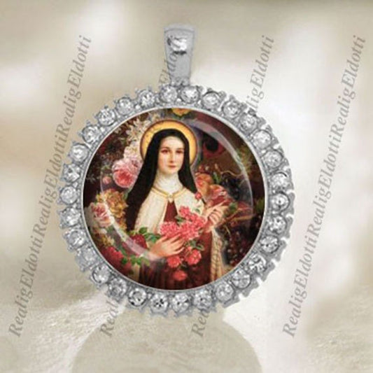 St. Therese Religious Catholic Patron Silver Tone Medal Pendant Cameo Cabochon