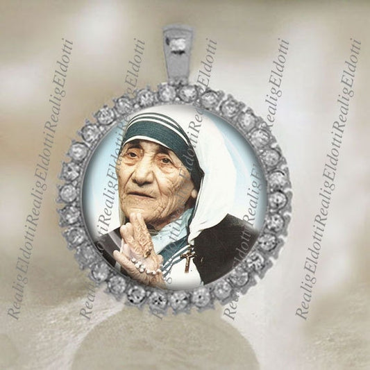 Blessed Mother Teresa Medal Catholic Silver Tone Pendant / Charm Cabochon