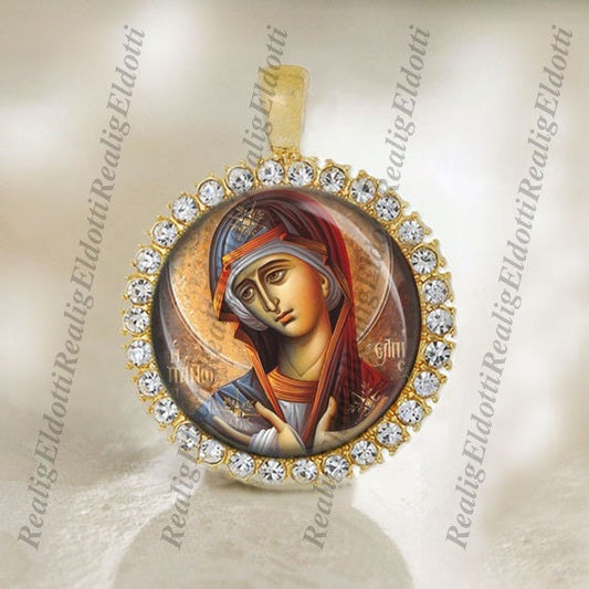 Mother Virgin Mary in Sorrows Christian Greece Icon Eastern Orthodox Gold Medal Cabochon