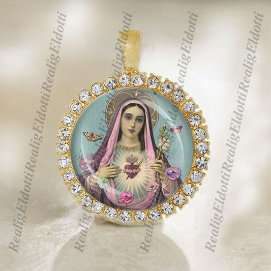 Virgin Mary Immaculate Heart Christian Catholic Gold Tone Medal Pendant