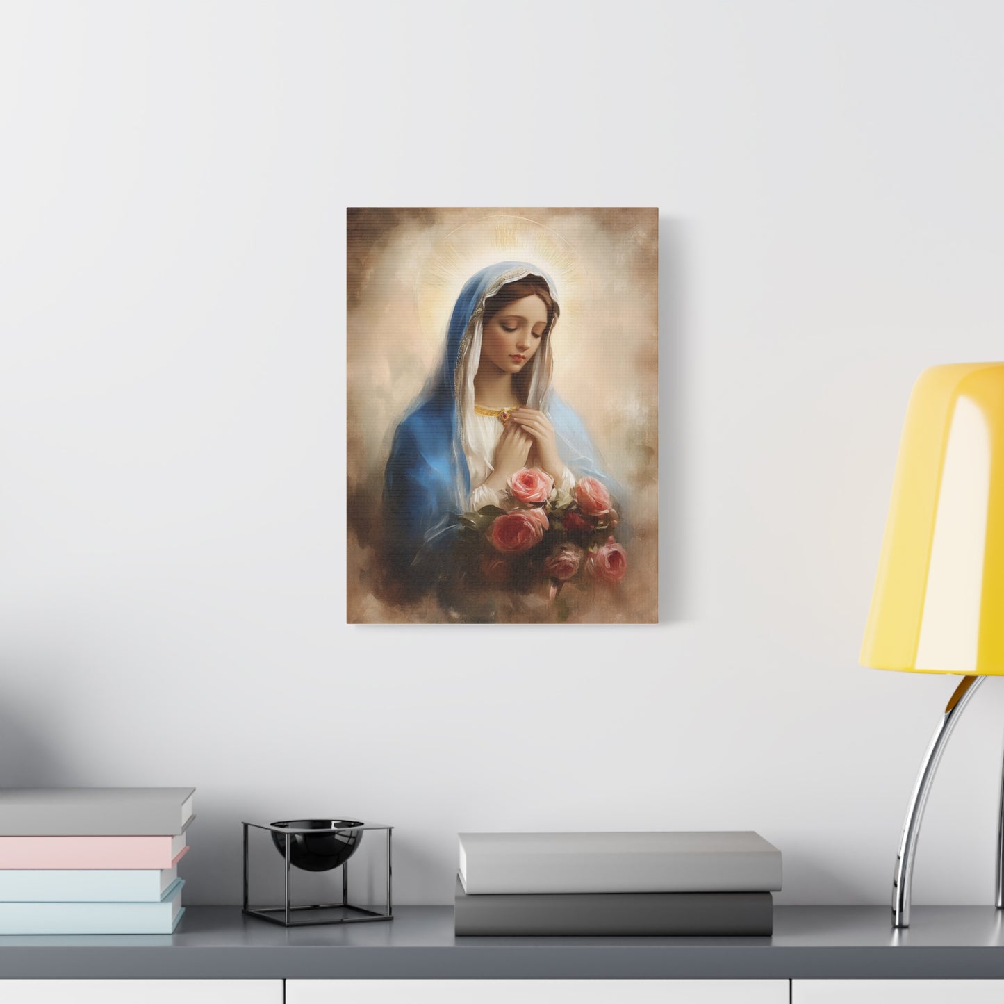 Mother Mary with Roses Catholic Canvas Wall Art, Christian Decor
