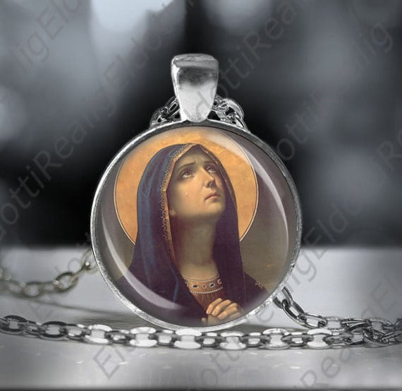 Our Lady of Sorrows - Religious Catholic Necklace Medal w Silvertone Chain Pendant Virgin Mary Tears Crying and Praying