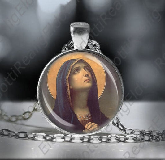 Our Lady of Sorrows - Religious Catholic Necklace Medal w Silvertone Chain Pendant Virgin Mary Tears Crying and Praying