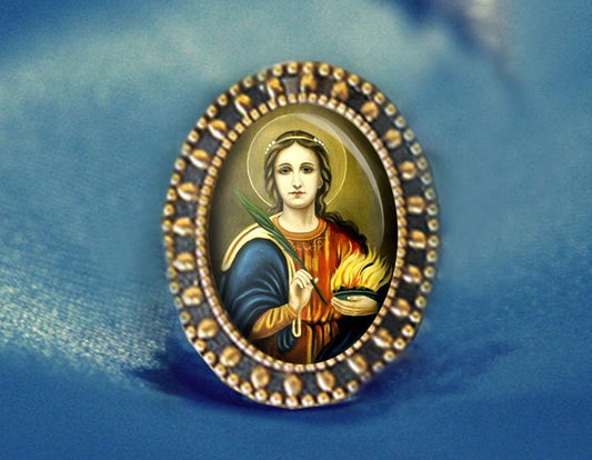 Saint Agatha Brooch Catholic Broach. Antique Gold Religious Pin