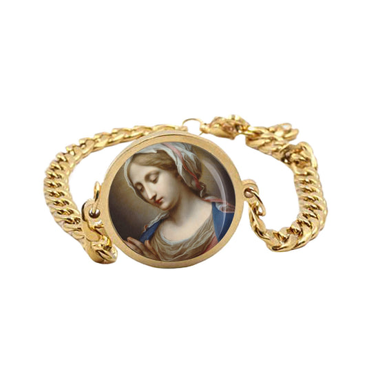 Our Lady Annunciate Mary Curb Bracelet Gold or Silver tone Religious Jewelry Simple Chain