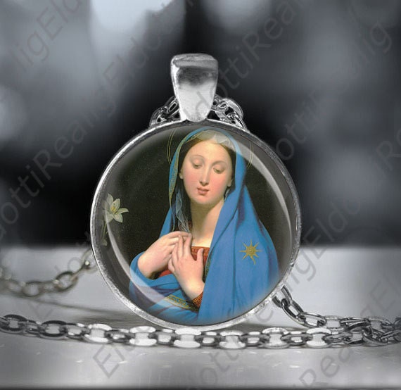 Virgin of the Adoption Holy Jewelry Mother Mary in Blue Religious Pendant Necklace. Catholic Jewelry. Catholic Pendant Necklace