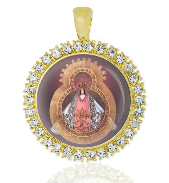 Our Lady of Suyapa Gold Tone Pendant with Rhinestones Virgin Mary Suyapa Medal