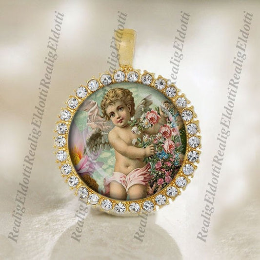 Cherub with Flowers Religious Christian Gold Medal Pendant Jewelry