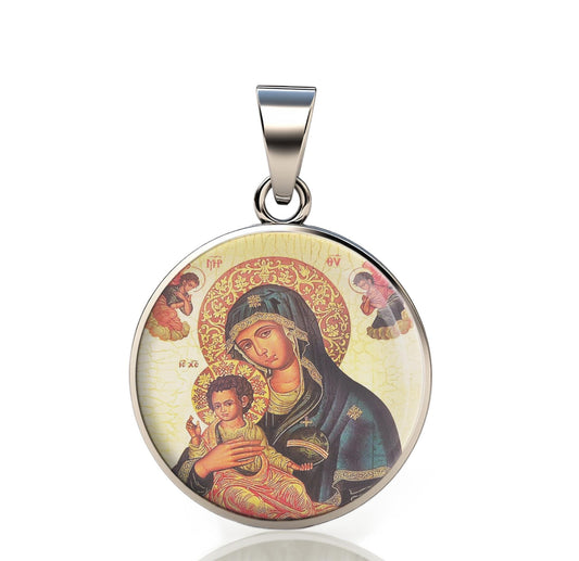 Our Lady Greek Orthodox Virgin Mary Icon 925 Sterling Silver Round Pendant Christian Religious Medal Small 20mm