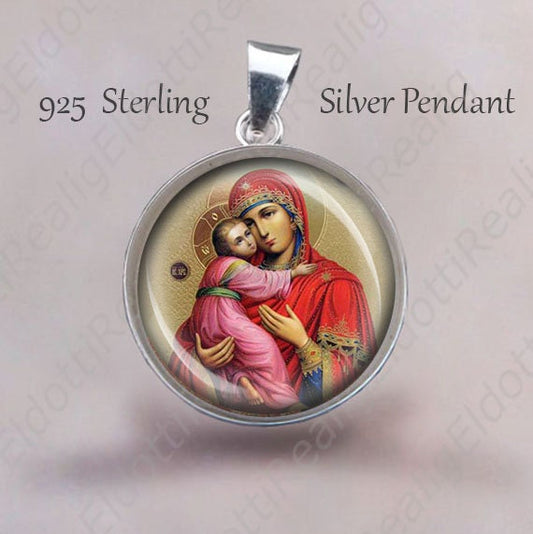 Byzantine Icon Theotokos of Vladimir Medal 925 Sterling Silver Orthodox Medal. Mother Mary and Jesus Pendant Jewelry Medal for Necklace