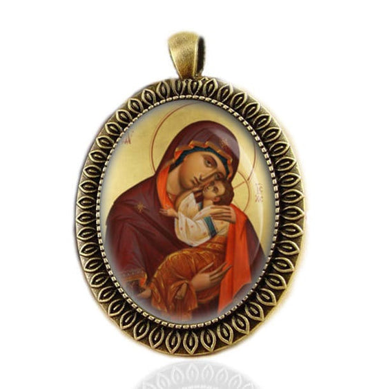 Tenderness The Virgin Eleusa Eleousa Mother Mary w Child Jesus Orthodox Icon Medal Bronze Pendant Oval