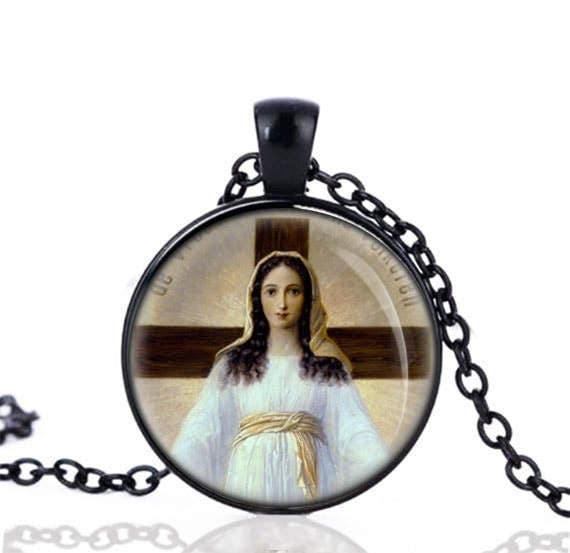 Our Lady of All Nation Black Necklace Virgin Mary Catholic Medal Religious Pendant w Chain