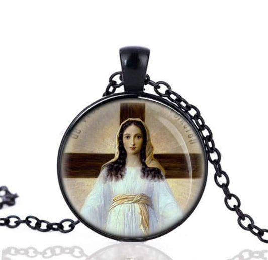 Our Lady of All Nation Black Necklace Virgin Mary Catholic Medal Religious Pendant w Chain