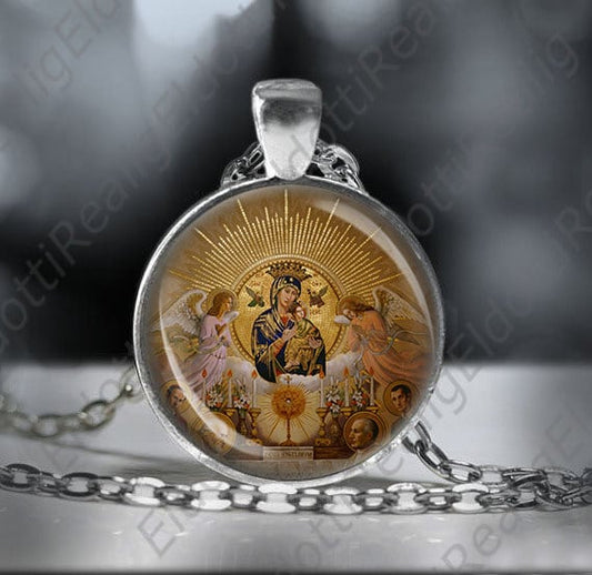Our Lady of Perpetual Help w Saints and Angels Catholic Necklace Medal Silvertone Pendant w Chain